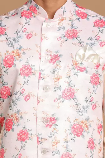 Peach And Cream Viscose Jacket, Kurta And Pyjama Set