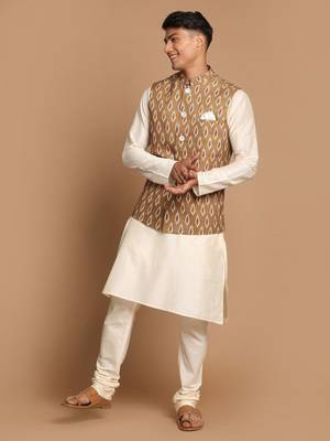 Green And Cream Viscose Jacket, Kurta And Pyjama Set 1