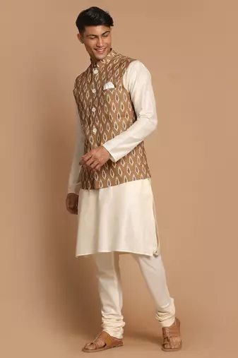 Green And Cream Viscose Jacket, Kurta And Pyjama Set