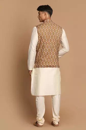 Green And Cream Viscose Jacket, Kurta And Pyjama Set