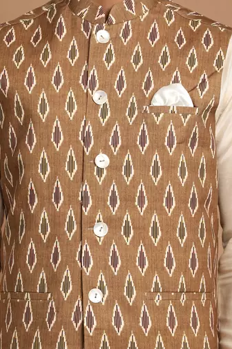 Green And Cream Viscose Jacket, Kurta And Pyjama Set