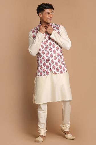 Men'S Cream Viscose Jacket, Kurta And Pyjama Set