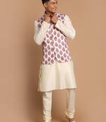 Cream Viscose Jacket, Kurta And Pyjama Set