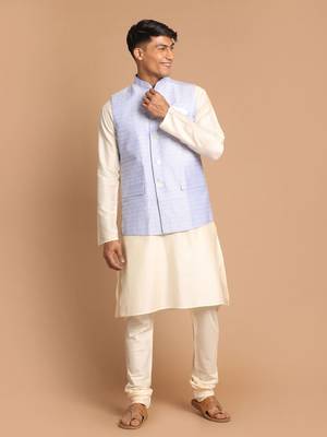 Blue And Cream Viscose Jacket, Kurta And Pyjama Set 1