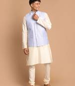 Blue And Cream Viscose Jacket, Kurta And Pyjama Set