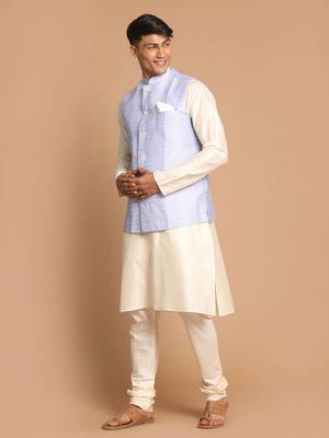Blue And Cream Viscose Jacket, Kurta And Pyjama Set 2
