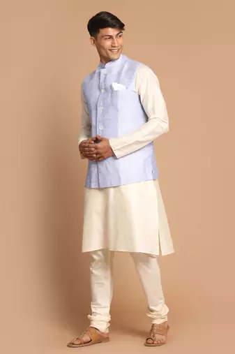 Blue And Cream Viscose Jacket, Kurta And Pyjama Set