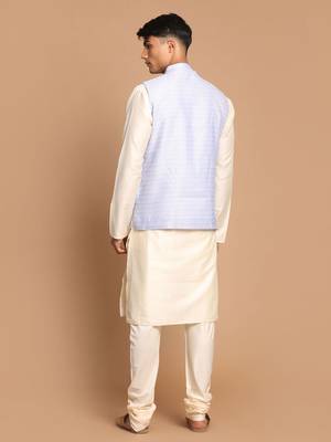 Blue And Cream Viscose Jacket, Kurta And Pyjama Set 3