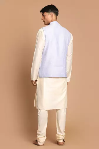 Blue And Cream Viscose Jacket, Kurta And Pyjama Set