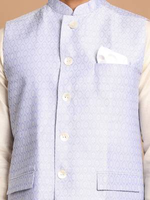 Blue And Cream Viscose Jacket, Kurta And Pyjama Set 4