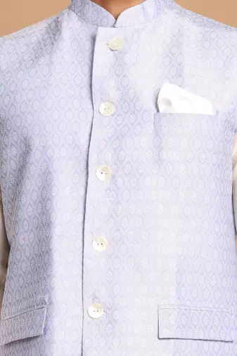 Blue And Cream Viscose Jacket, Kurta And Pyjama Set