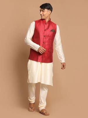 Maroon And Cream Viscose Jacket, Kurta And Pyjama Set 1