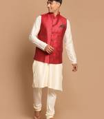 Men'S Maroon And Cream Viscose Jacket, Kurta And Pyjama Set