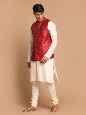 Maroon And Cream Viscose Jacket, Kurta And Pyjama Set 2