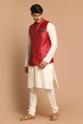 Maroon And Cream Viscose Jacket, Kurta And Pyjama Set