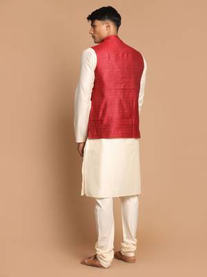 Maroon And Cream Viscose Jacket, Kurta And Pyjama Set 3
