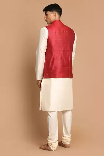 Maroon And Cream Viscose Jacket, Kurta And Pyjama Set