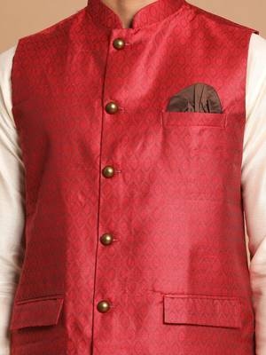 Maroon And Cream Viscose Jacket, Kurta And Pyjama Set 4