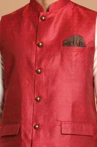 Maroon And Cream Viscose Jacket, Kurta And Pyjama Set