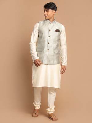 Beige And Cream Viscose Jacket, Kurta And Pyjama Set 1
