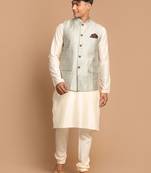 Beige And Cream Viscose Jacket, Kurta And Pyjama Set
