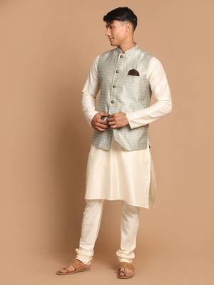 Beige And Cream Viscose Jacket, Kurta And Pyjama Set 2