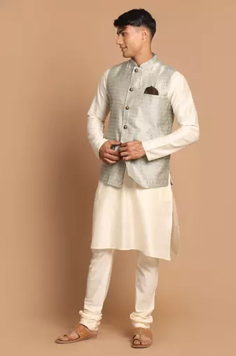 Beige And Cream Viscose Jacket, Kurta And Pyjama Set
