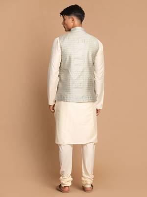Beige And Cream Viscose Jacket, Kurta And Pyjama Set 3