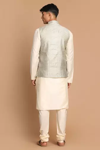 Beige And Cream Viscose Jacket, Kurta And Pyjama Set