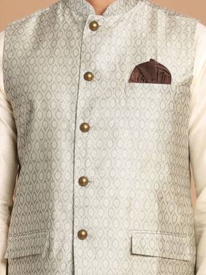 Beige And Cream Viscose Jacket, Kurta And Pyjama Set 4