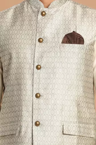 Beige And Cream Viscose Jacket, Kurta And Pyjama Set