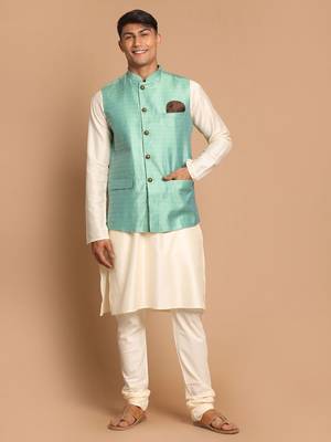 Green And Cream Viscose Jacket, Kurta And Pyjama Set 1
