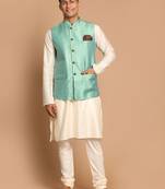 Green And Cream Viscose Jacket, Kurta And Pyjama Set