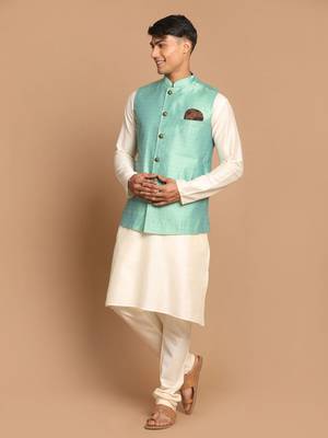 Green And Cream Viscose Jacket, Kurta And Pyjama Set 2