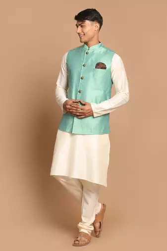 Green And Cream Viscose Jacket, Kurta And Pyjama Set