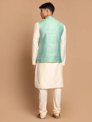 Green And Cream Viscose Jacket, Kurta And Pyjama Set 3