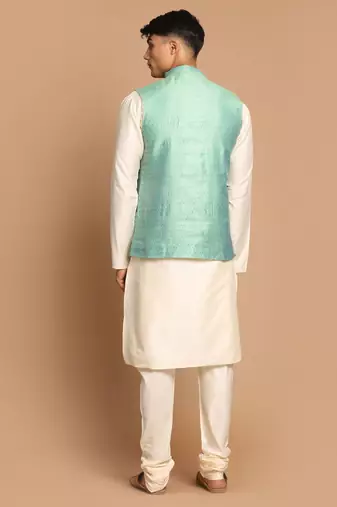 Green And Cream Viscose Jacket, Kurta And Pyjama Set