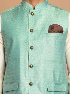 Green And Cream Viscose Jacket, Kurta And Pyjama Set 4