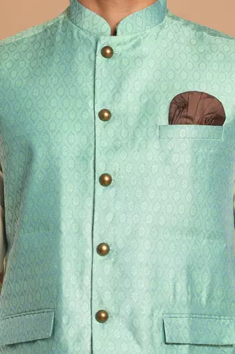 Green And Cream Viscose Jacket, Kurta And Pyjama Set