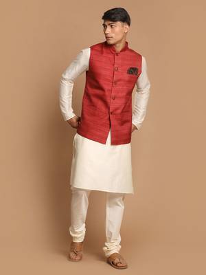 Maroon And Cream Viscose Jacket, Kurta And Pyjama Set 1