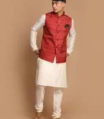 Maroon And Cream Viscose Jacket, Kurta And Pyjama Set