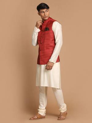 Maroon And Cream Viscose Jacket, Kurta And Pyjama Set 2