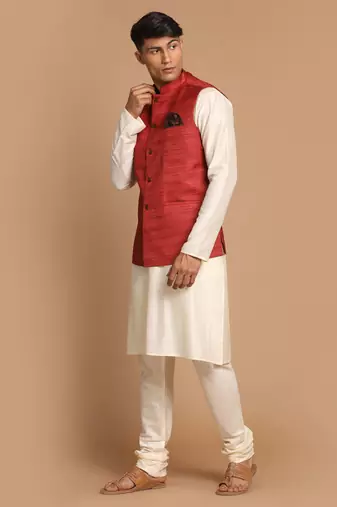 Maroon And Cream Viscose Jacket, Kurta And Pyjama Set