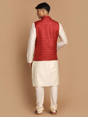Maroon And Cream Viscose Jacket, Kurta And Pyjama Set 3