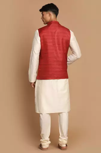 Maroon And Cream Viscose Jacket, Kurta And Pyjama Set