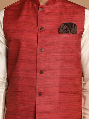 Maroon And Cream Viscose Jacket, Kurta And Pyjama Set 4