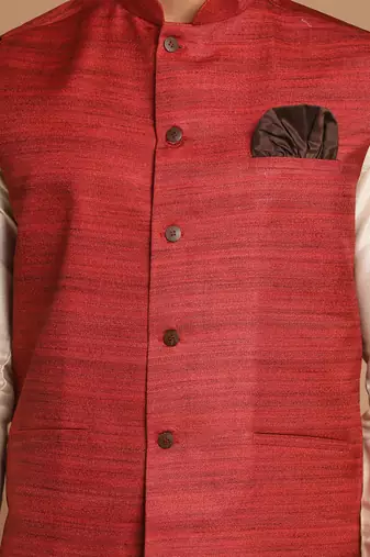 Maroon And Cream Viscose Jacket, Kurta And Pyjama Set