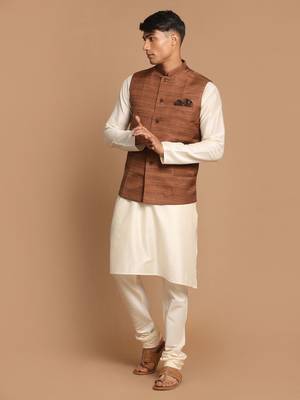 Cream And Brown Viscose Jacket, Kurta And Pyjama Set 1