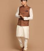 Men'S Cream And Brown Viscose Jacket, Kurta And Pyjama Set