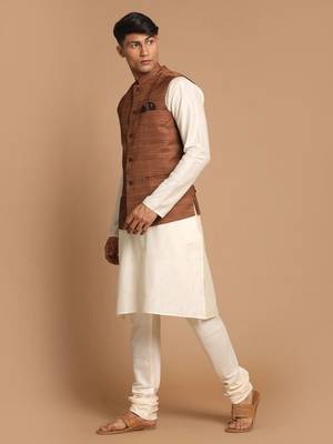 Cream And Brown Viscose Jacket, Kurta And Pyjama Set 2